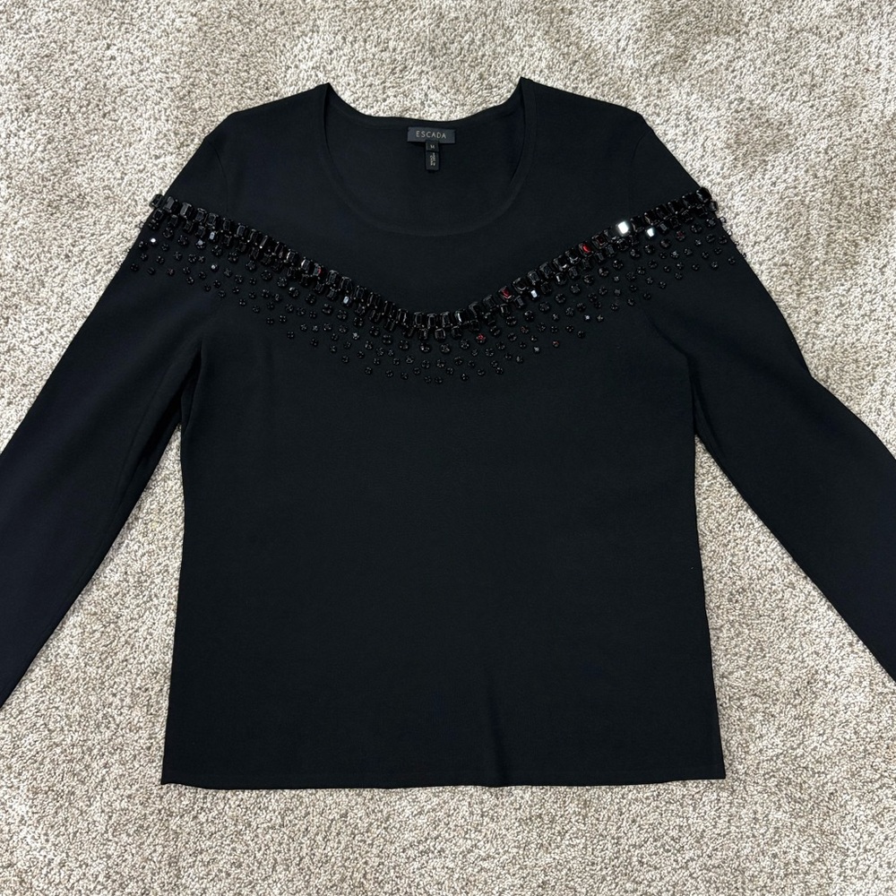 Escada Black Long Sleeve Top with Beaded Embellishments